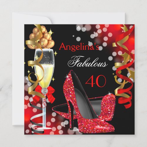 Fabulous 40 Red Heels Gold Bubbles Birthday Party Invitation