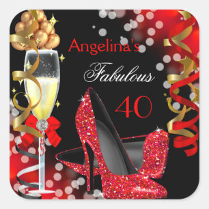 Fabulous 40 Red Heels Gold Bubbles Birthday Party Square Sticker