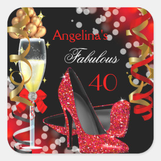 Fabulous 40 Red Heels Gold Bubbles Birthday Party Square Sticker