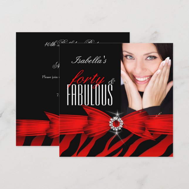 Fabulous 40 Red Zebra Black Photo Birthday Invitation (Front/Back)