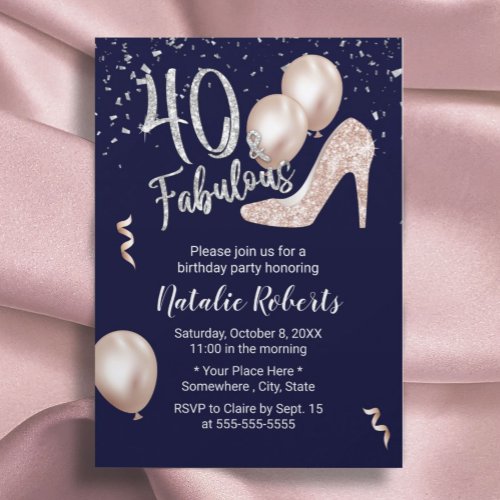 Fabulous 40 Rose Gold High Heel 40th Birthday Navy Invitation