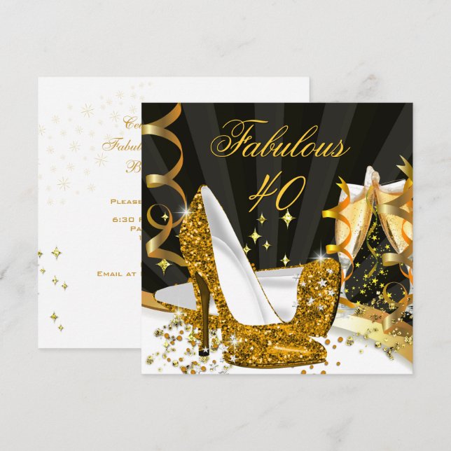 Fabulous 40 Woman's Gold High Heel Champagne Party Invitation (Front/Back)