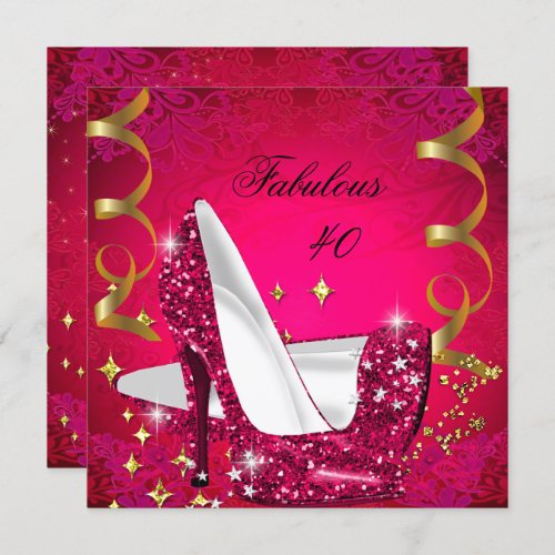 Fabulous 40 Womans Pink Red Gold Heels Birthday Invitation