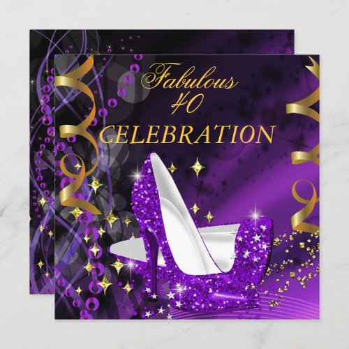 Fabulous 40 Womans Purple Gold Heels Birthday Invitation