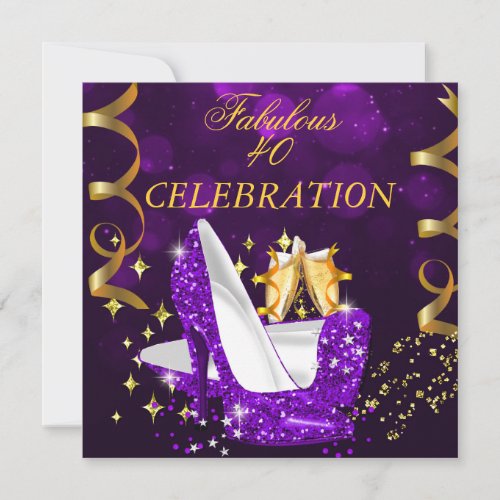 Fabulous 40 Womans Purple Gold Heels Birthday Invitation