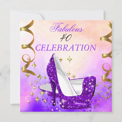 Fabulous 40 Womans Purple High Heels Birthday Invitation