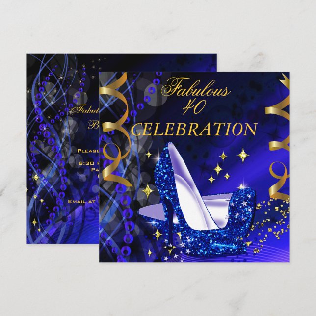 Fabulous 40 Woman's Royal Blue Gold Heels Birthday Invitation (Front/Back)