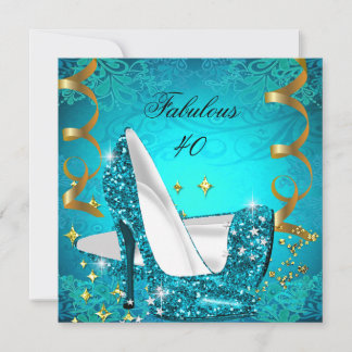 Fabulous 40 Woman's Teal Gold Heels Birthday 2 Invitation