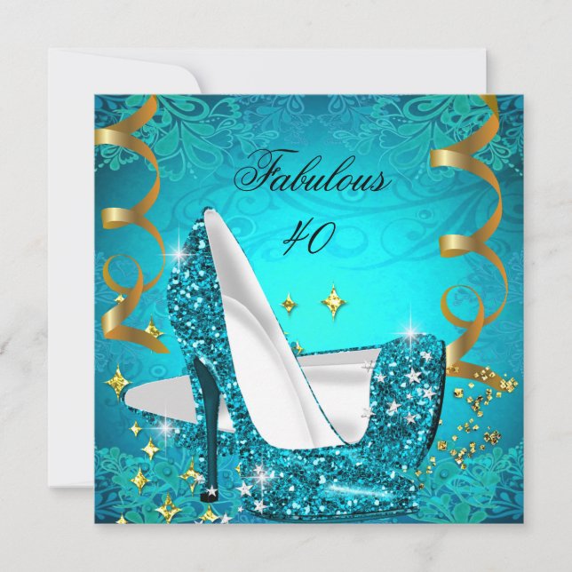 Fabulous 40 Woman's Teal Gold Heels Birthday 2 Invitation (Front)