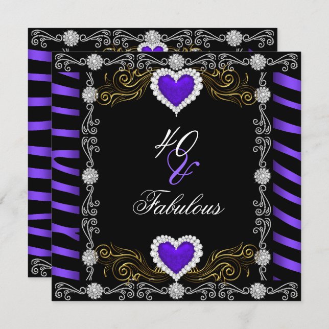 Fabulous 40 Zebra Purple Black Silver 40th Party Invitation (Front/Back)
