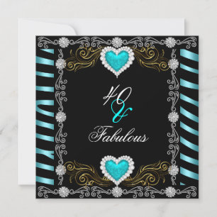 Fabulous 40 Zebra Teal Black Silver 40th Birthday Invitation