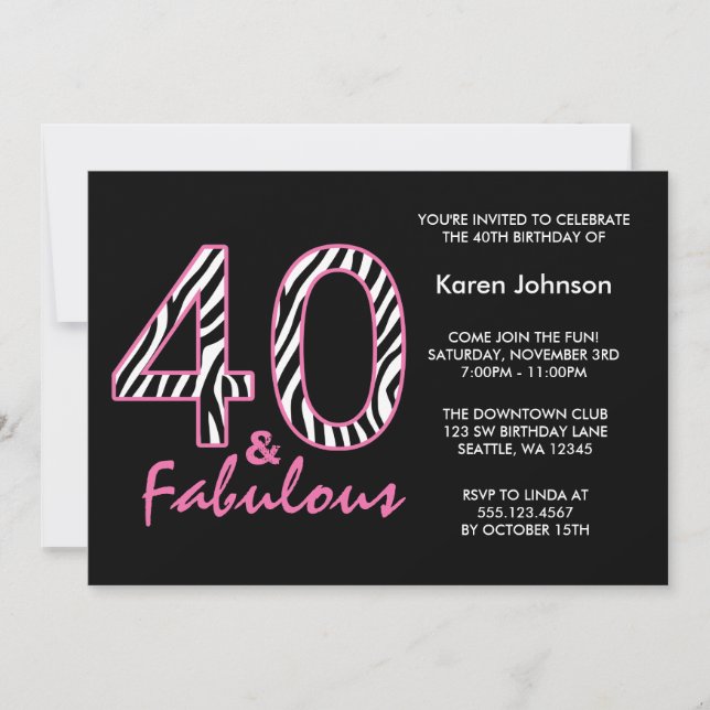 Fabulous 40th Black and Pink Zebra Birthday Invitation (Front)