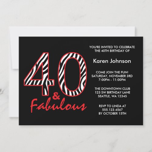 Fabulous 40th Black and Red Zebra Birthday Invitation