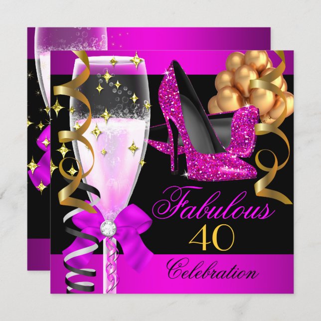 Fabulous 40th Hot Pink Black Champagne Party Invitation (Front/Back)
