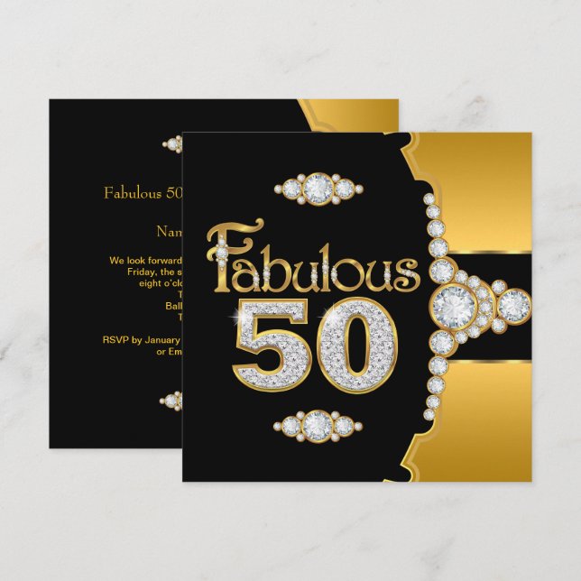 Fabulous 50 50th Birthday Gold Black Diamond 2 Invitation (Front/Back)
