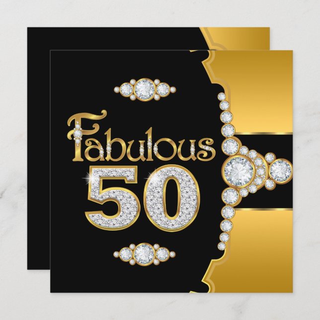 Fabulous 50 50th Birthday Gold Black Diamond 2 Invitation (Front/Back)