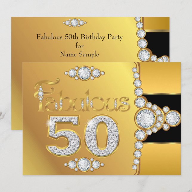Fabulous 50 50th Birthday Gold Black Diamond Invitation (Front/Back)