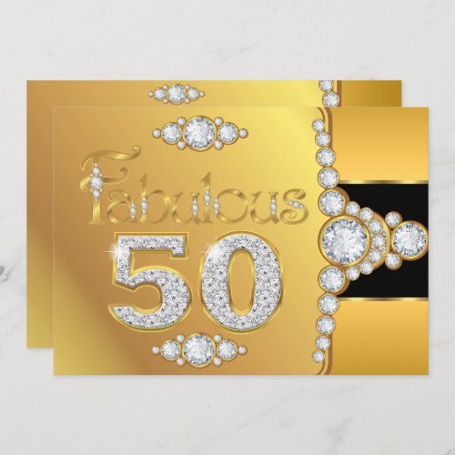 Fabulous 50 50th Birthday Gold Black Diamond Invitation