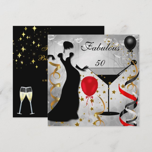 Fabulous 50 50th Birthday Party Deco Lady Red 2 Invitation (Front/Back)