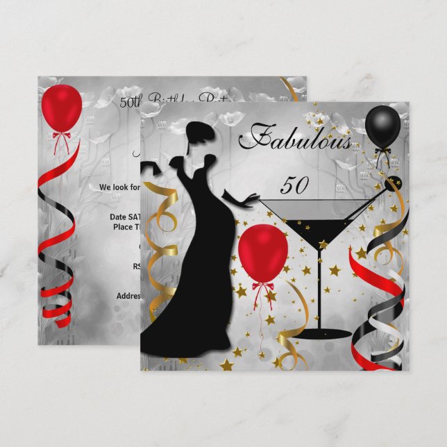 Fabulous 50 50th Birthday Party Deco Lady Red Invitation (Front/Back)