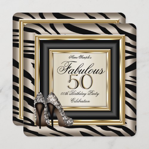 Fabulous 50 Beige Black Zebra High Heels Birthday Invitation