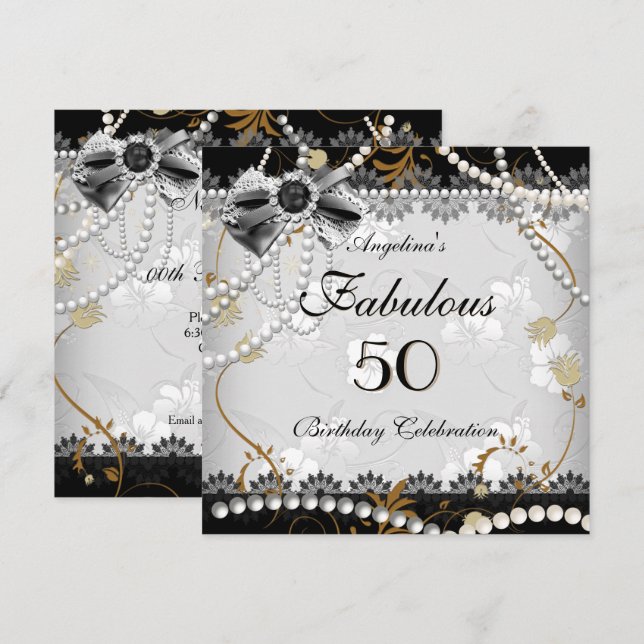 Fabulous 50 Beige Gold Black Gray Floral Birthday Invitation (Front/Back)