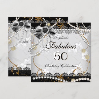 Fabulous 50 Beige Gold Black Gray Floral Birthday Invitation