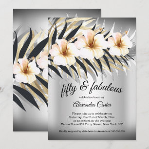 Fabulous 50 Beige Silver Gold Hibiscus party Invitation