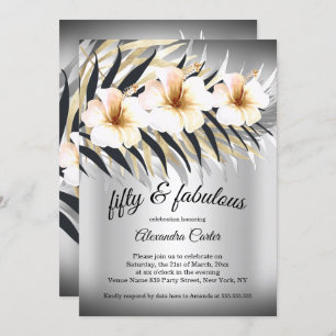 Fabulous 50 Beige Silver Gold Hibiscus party Invitation