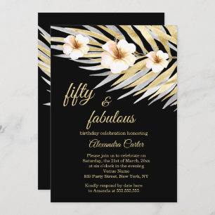 Fabulous 50 Beige White Black Floral Birthday Invitation