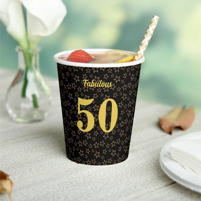 Fabulous 50 Birthday and Stars on Black Paper Cups (Insitu)