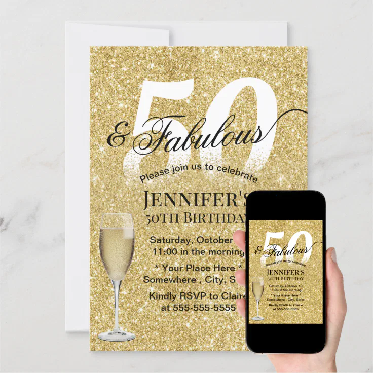 Fabulous 50 Birthday Champagne Modern Gold Glitter Invitation 