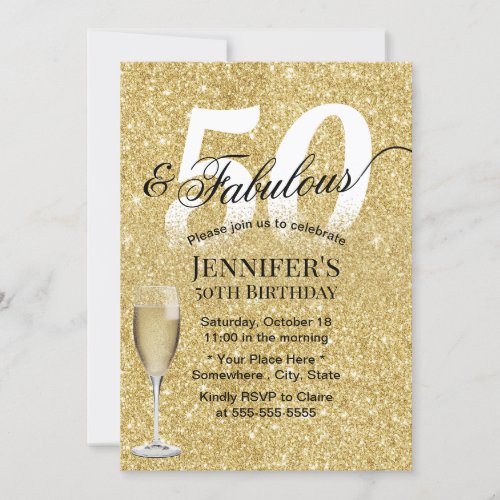 Fabulous 50 Birthday Champagne Modern Gold Glitter Invitation