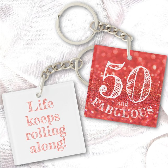 Fabulous 50 Birthday Coral Glitter Double Sided Keychain (Creator Uploaded)