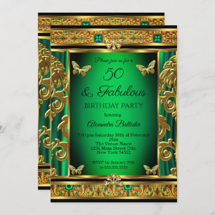 Fabulous 50 Birthday Emerald Green Butterfly Gold Invitation