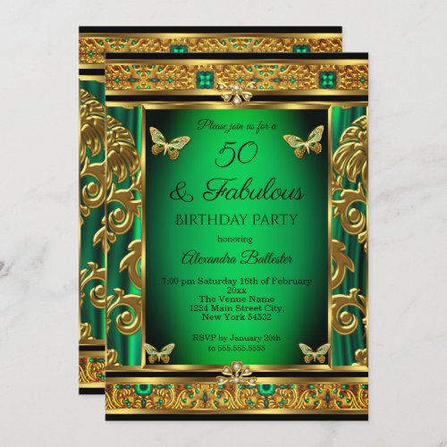 Fabulous 50 Birthday Emerald Green Butterfly Gold  Invitation