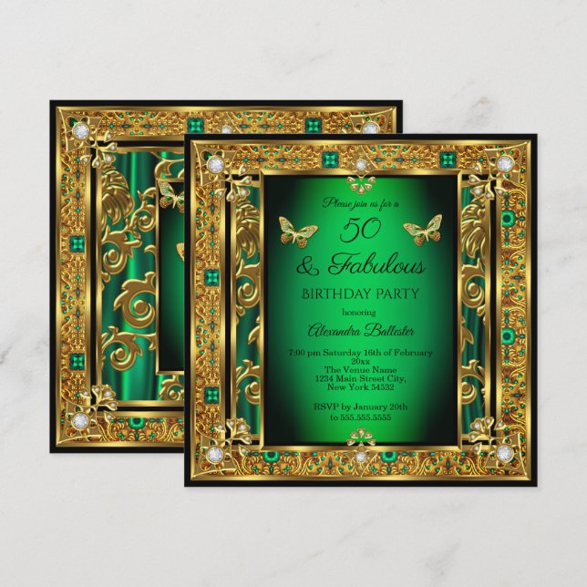 Fabulous 50 Birthday Emerald Green Butterfly Gold  Invitation (Front/Back)