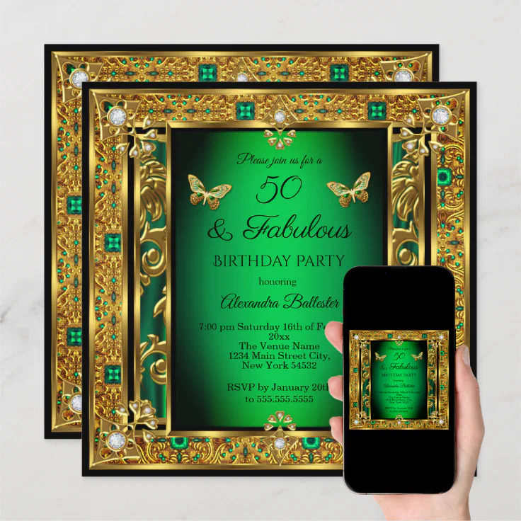 Fabulous 50 Birthday Emerald Green Butterfly Gold Invitation | Zazzle