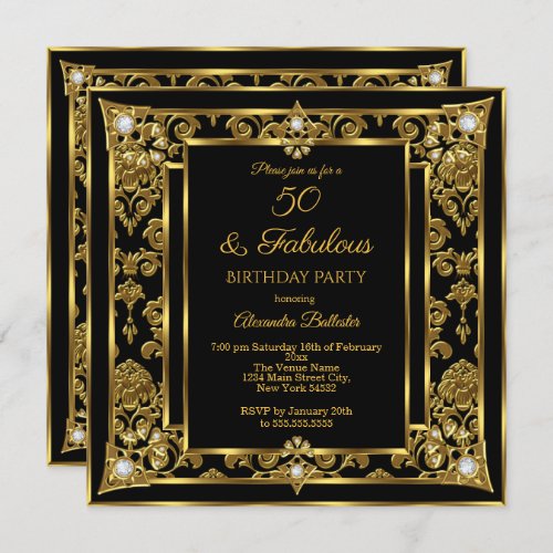 Fabulous 50 Birthday Gold Black Damask Diamond Invitation