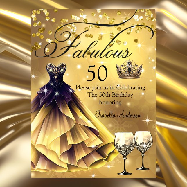 Fabulous 50 Birthday Gold black Dress Queen crown Invitation (Creator Uploaded)
