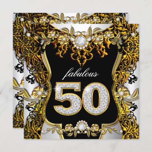 Fabulous 50 Birthday Gold White Black Diamond Invitation