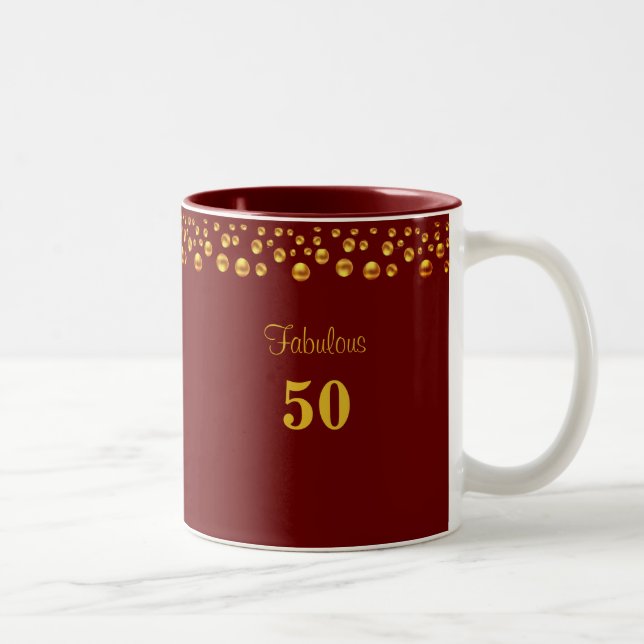 Fabulous 50 Birthday & Golden Confetti on Maroon Two-Tone Coffee Mug (Right)