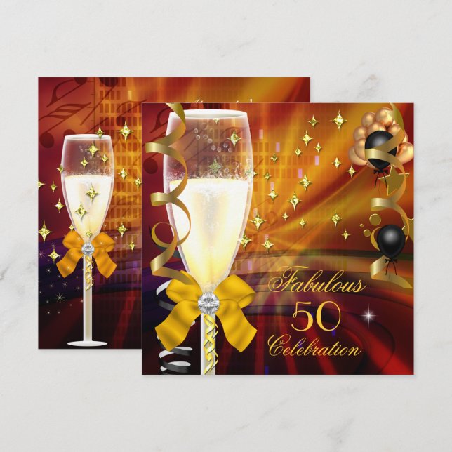 Fabulous 50 Birthday Party Champagne Gold Black Invitation (Front/Back)