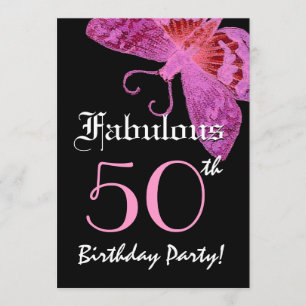 Fabulous 50 Birthday Party Pink Butterfly Invitation