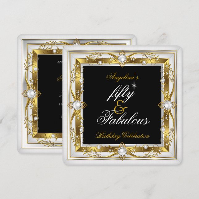Fabulous 50 Birthday Party White Pearl Gold Black Invitation (Front/Back)