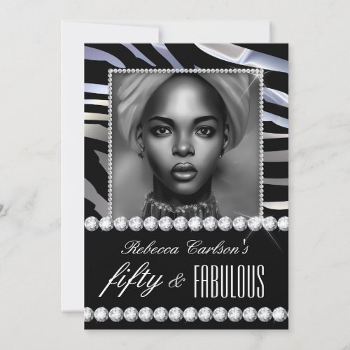 Fabulous 50 Birthday Photo Black White Zebra Gems Invitation