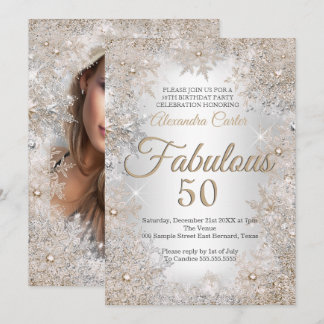 Fabulous 50 Birthday Photo Silver Beige Snowflake Invitation
