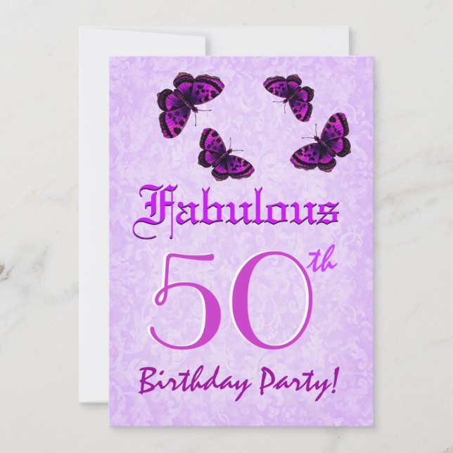 Fabulous 50 Birthday Purple Leopard Butterfly Invitation (Front)