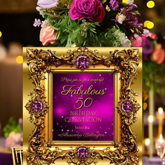 Fabulous 50 Birthday Purple Pink Gold Gem Invitation
