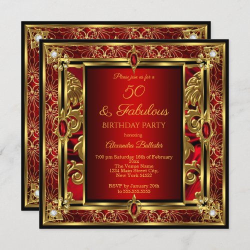 Fabulous 50 Birthday Red Ruby Damask Gold Diamond Invitation